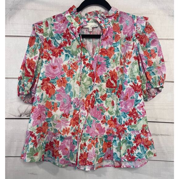 Pinch Tops - Pinch Floral Short Sleeve Top Size MED Ruffle Collar Pink Red Green